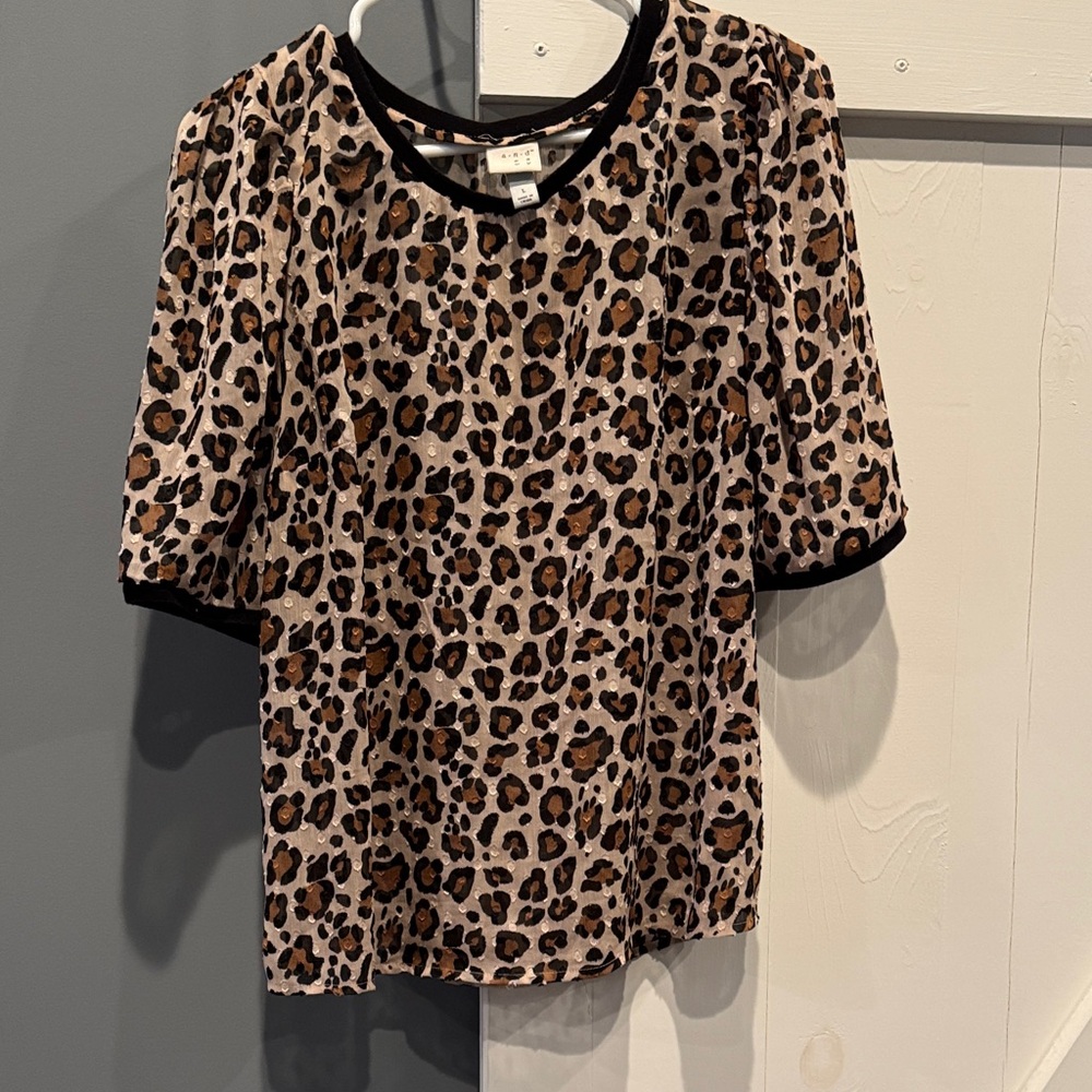 A New Day- Leopard Print Top with Black Trim, Size Large